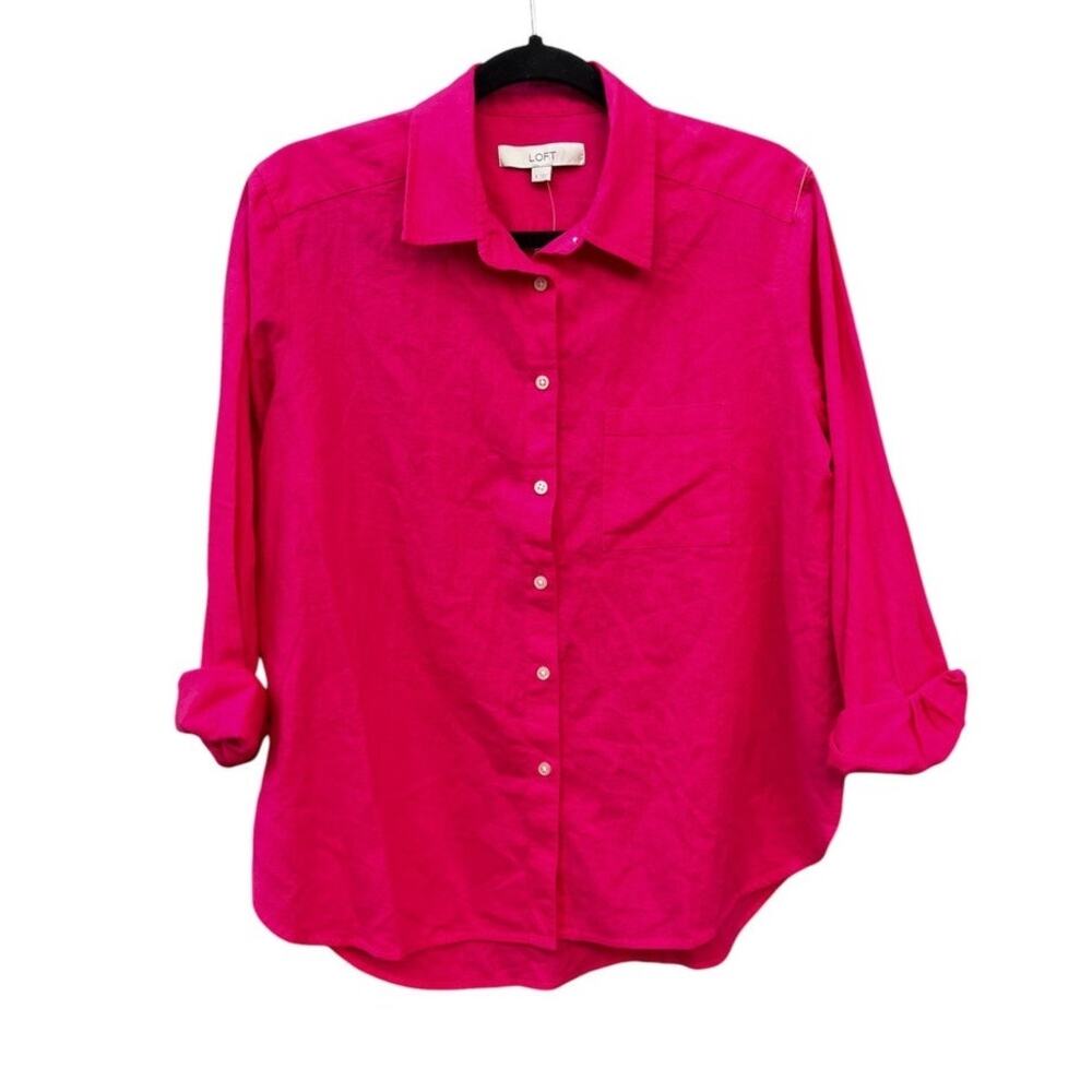 LOFT Linen Blend Everyday Relaxed Pocket Shirt | Womens S, Fuschia Pink